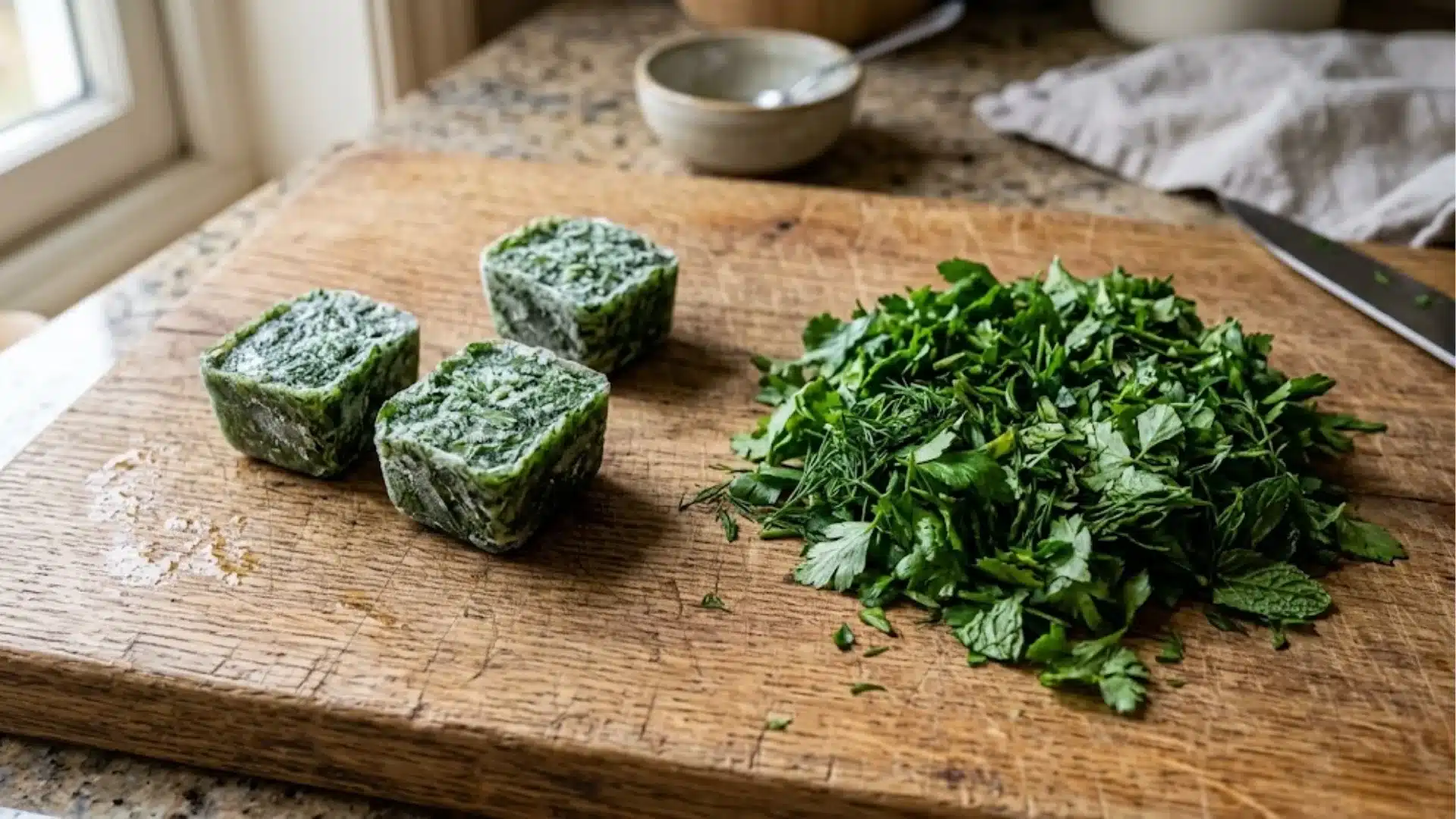 Two cubes of fresh green leafy vegetables placed on a wooden cutting board