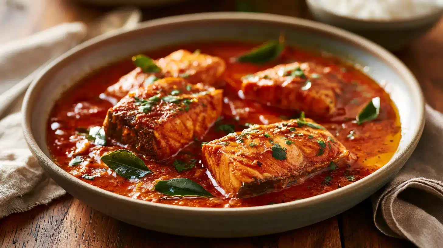 A bowl of salmon curry , showcasing a vibrant and appetizing meal.