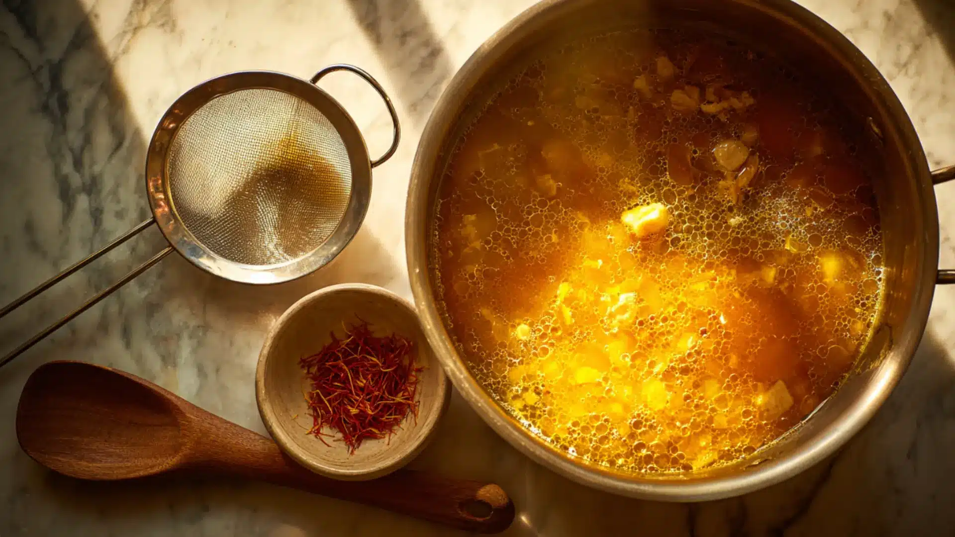 A pot containing broth made of fish heads and bones, placed with saffron