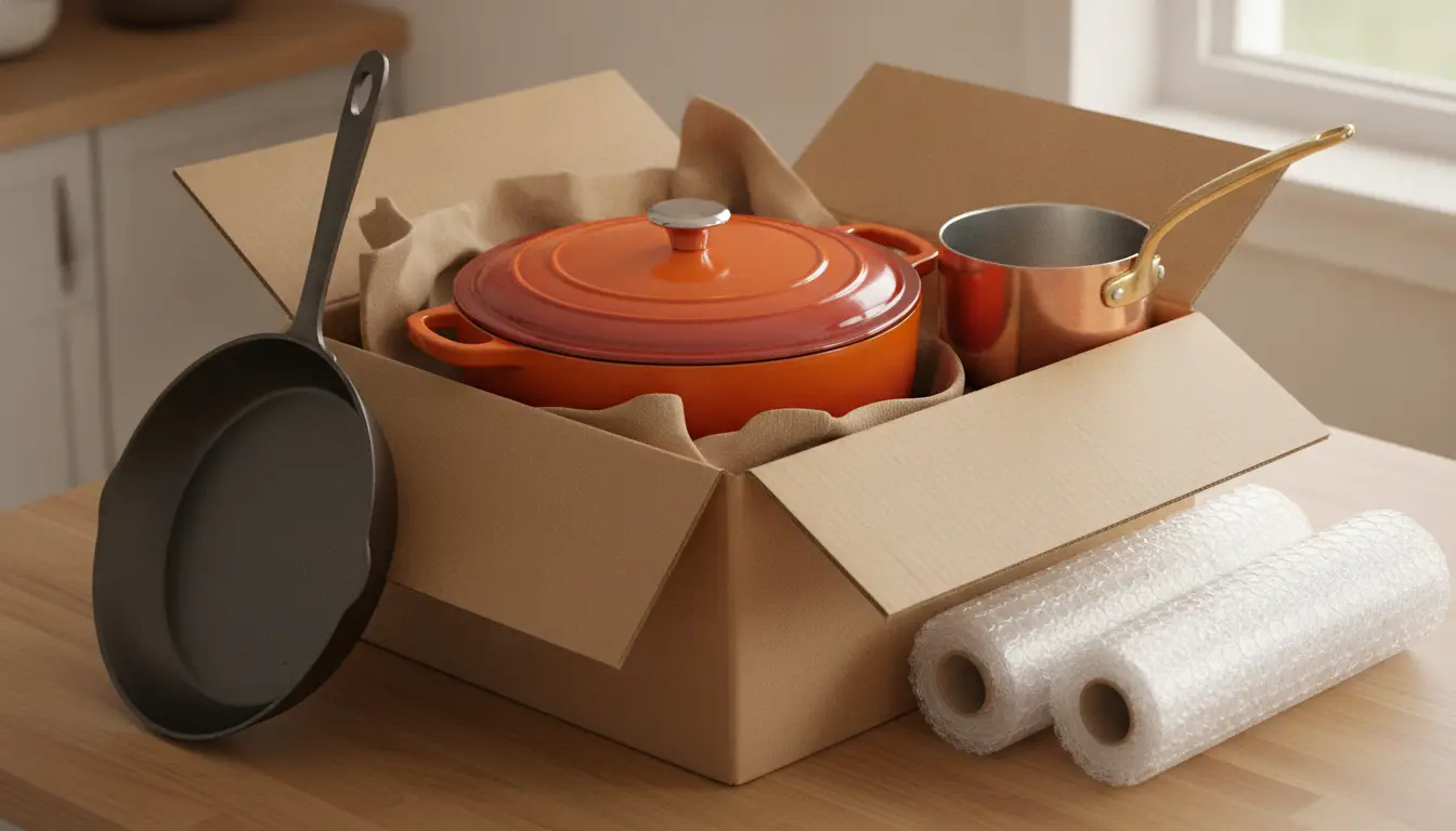 Cardboard box with orange pot and copper pan on wooden kitchen table