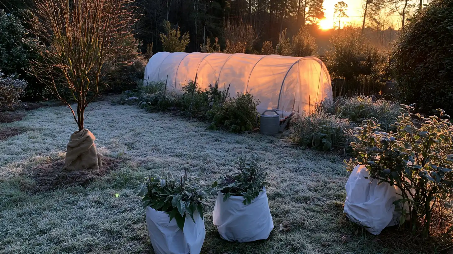 Garden plants protected from frost with row covers plant blankets and insulated wraps during a cold winter sunrise