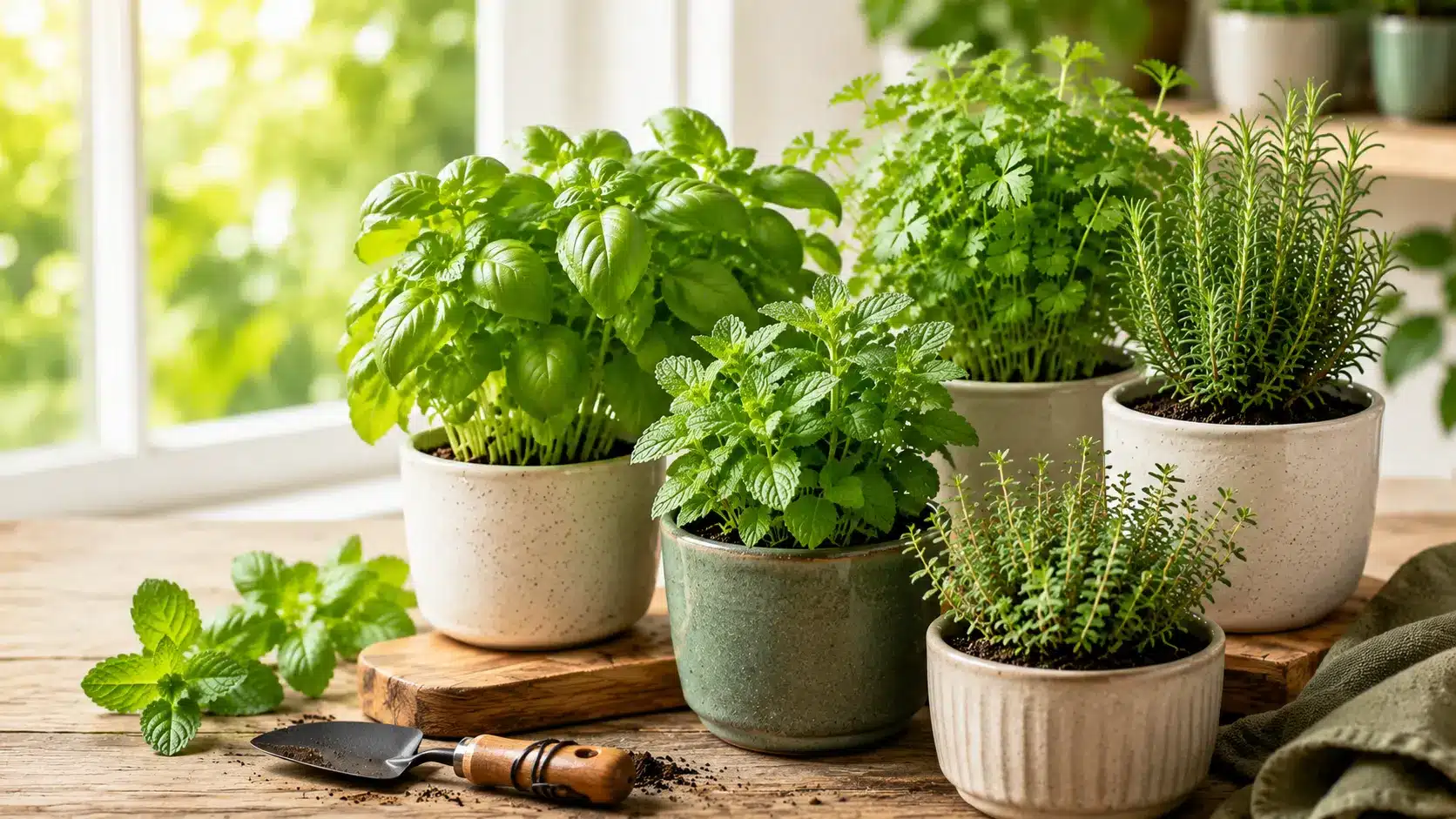 Potted basil, mint, parsley, rosemary, and thyme arranged on a wooden table beside a bright, sunlit kitchen window.