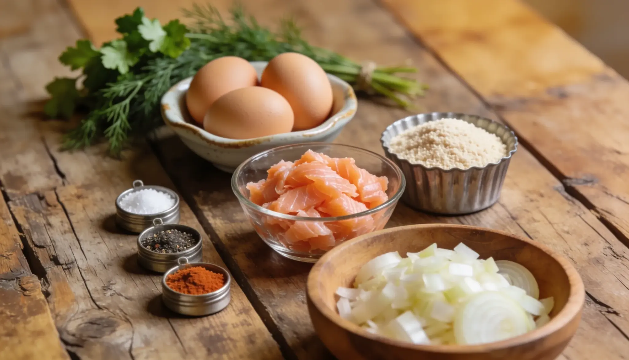 Fresh salmon fillets and eggs arranged on a rustic wooden table, ready for cooking.