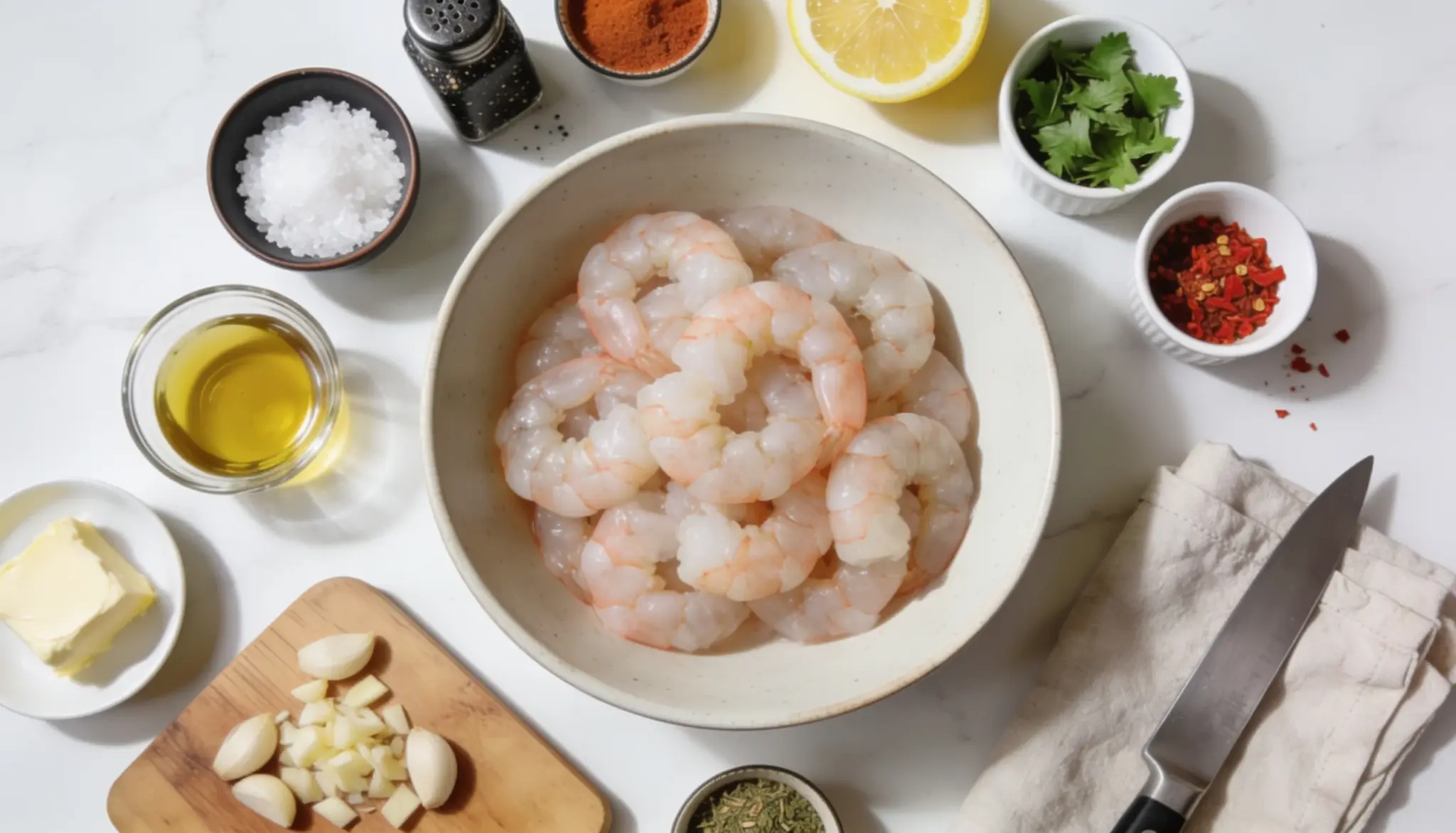 Raw shrimp with garlic butter lemon herb and seasonings on a marble countertop