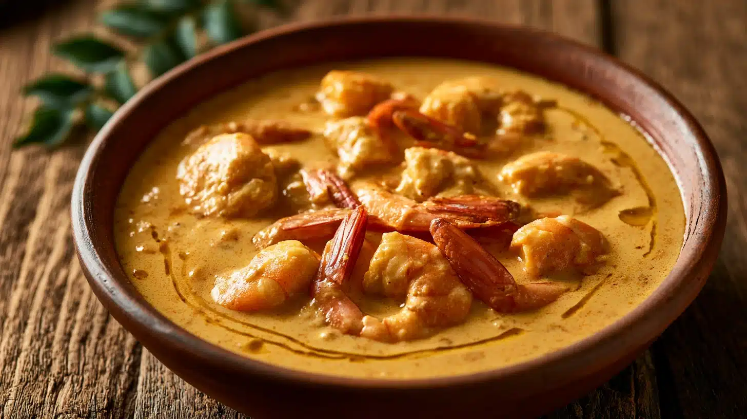 A bowl of Kerala prawn curry featuring prawns in a rich, aromatic sauce.