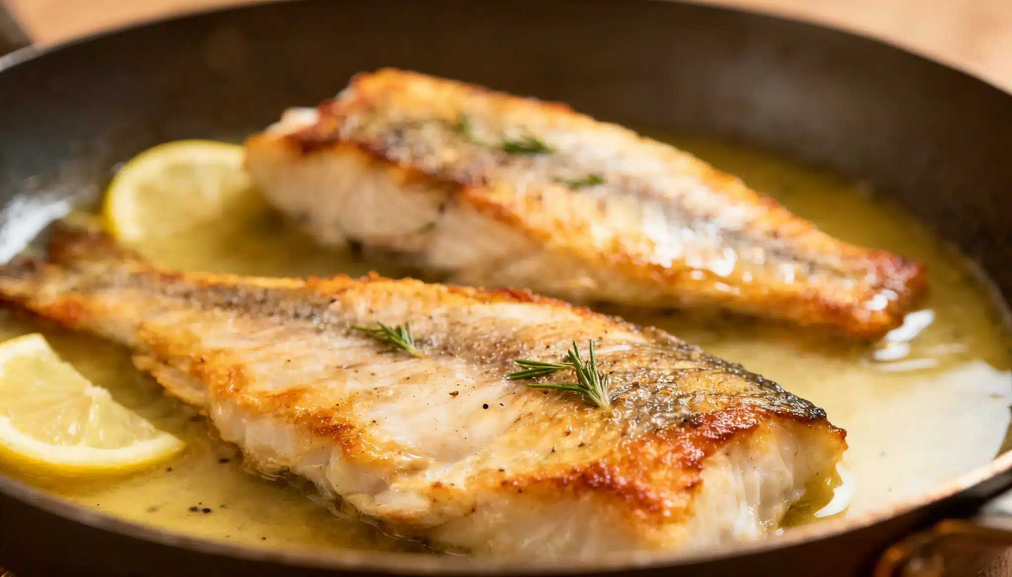 Two pan-seared fish fillets with lemon slices and herbs in a buttery sauce.