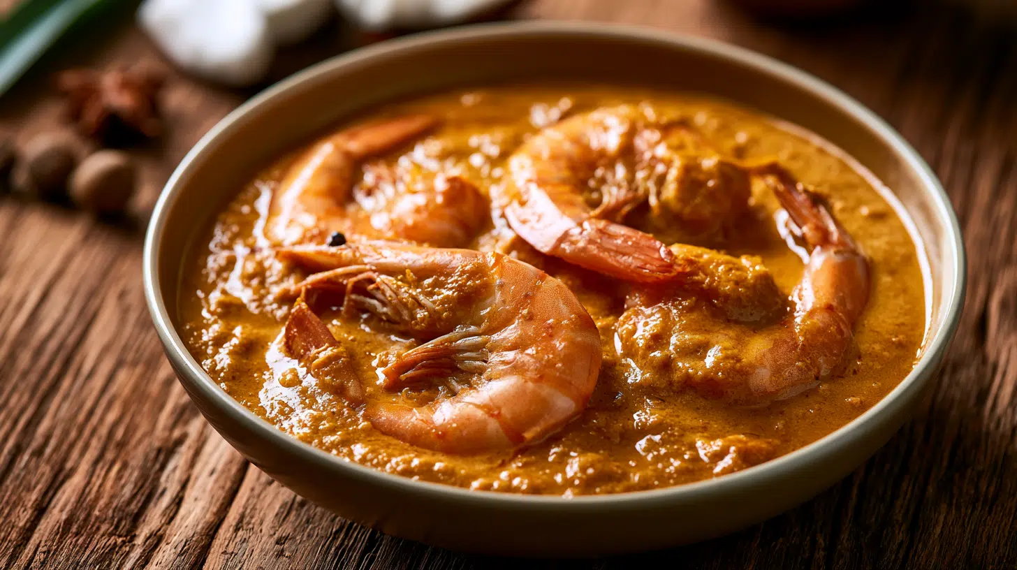 A bowl of Malabar prawn curry featuring shrimp, spices, and a rich, aromatic sauce.