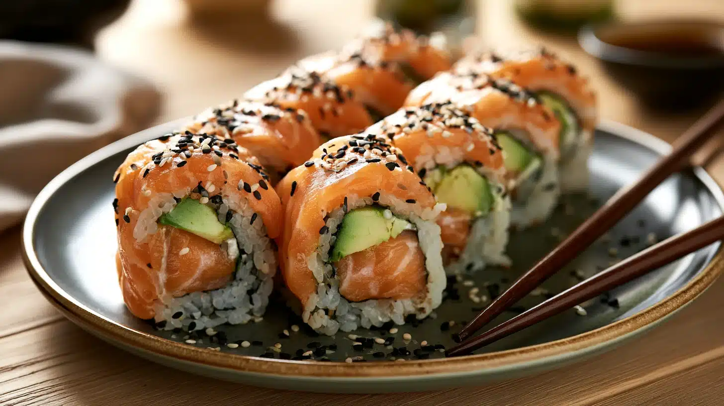 fresh alaska roll sushi with salmon avocado and cucumber served on a gray ceramic plate in bright natural daylight