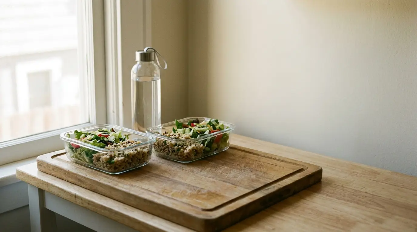 Containers of salad and grains with water bottle on wooden table in natural light
