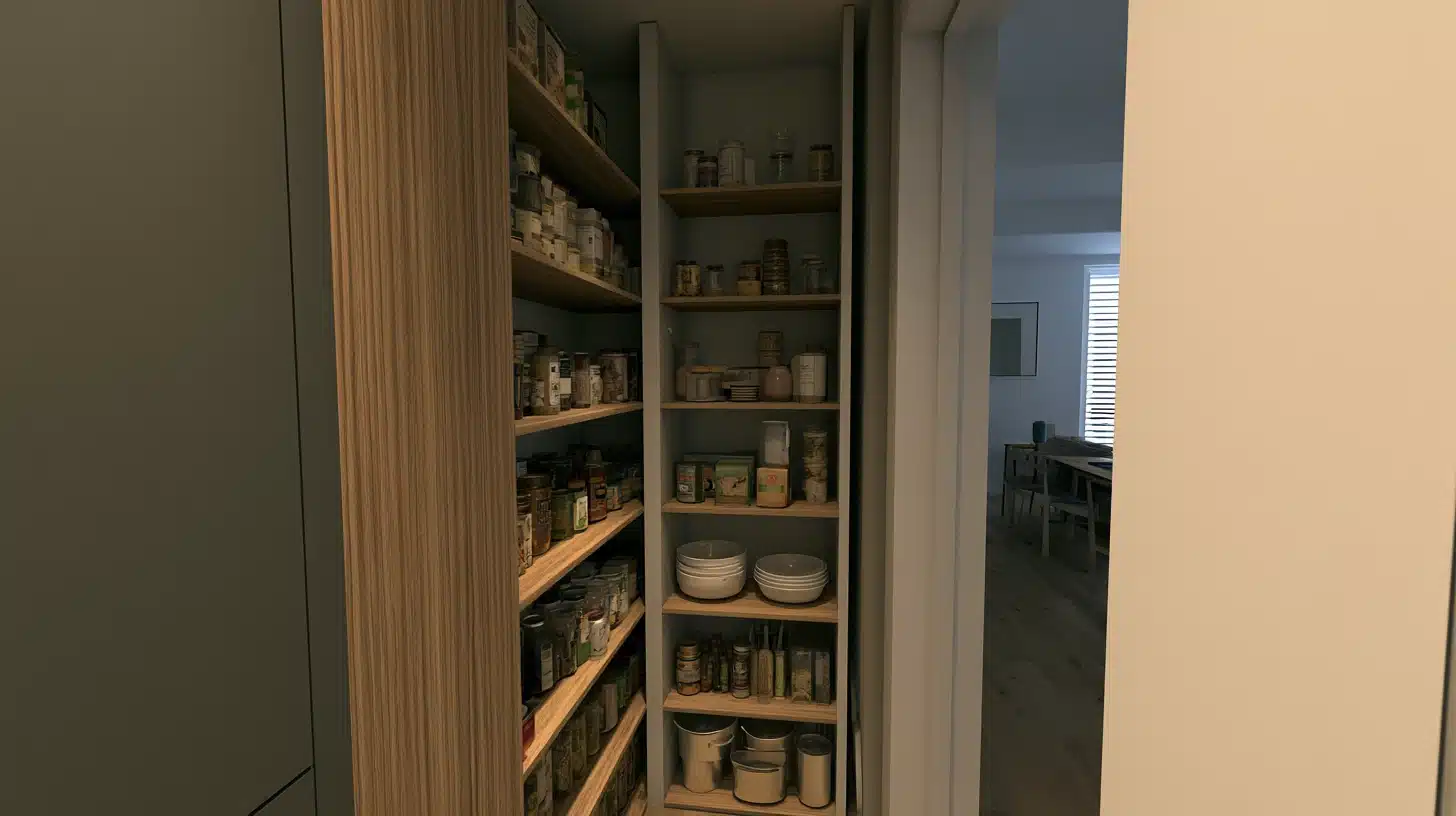 Narrow pantry nook with wooden shelves holding jars bowls cans and kitchen supplies beside a modern dining area