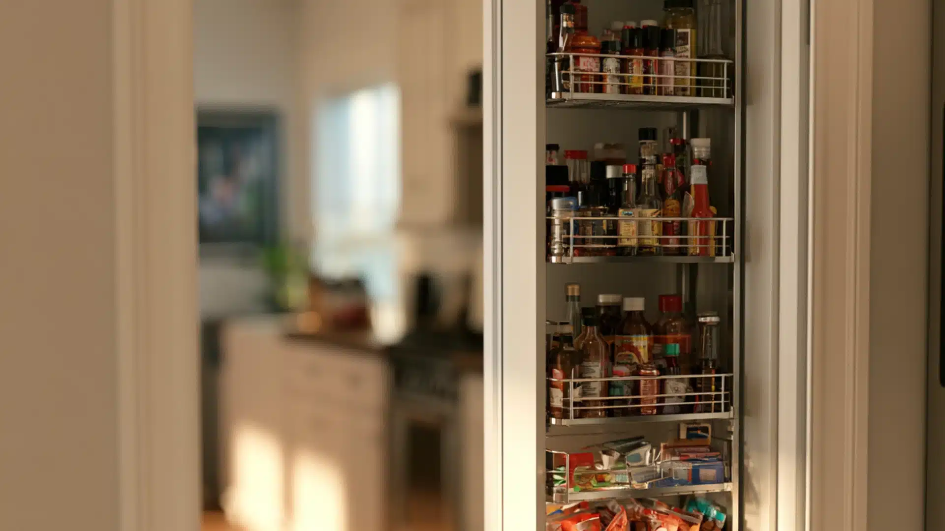 Narrow pantry rack on door filled with sauces spices snacks and bottles beside a softly blurred modern kitchen