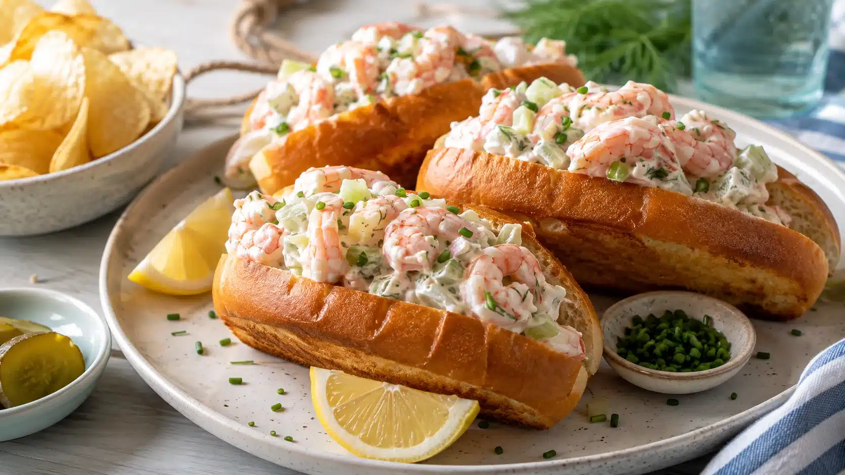 no cook shrimp rolls with creamy shrimp, celery, and chives in toasted buns, served with lemon wedges and chips
