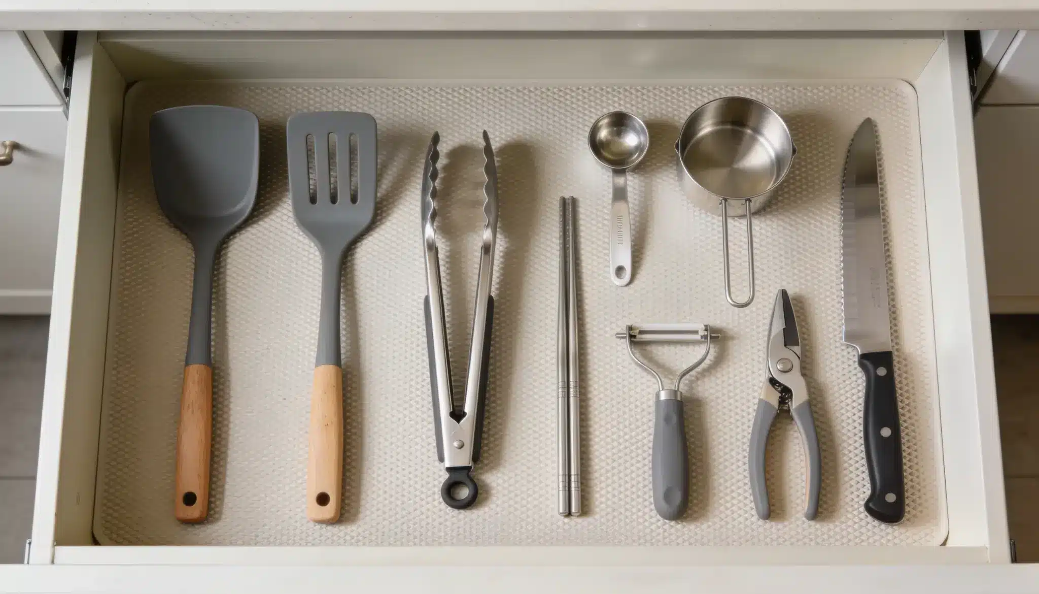 A kitchen drawer displays organized cooking utensils including spatulas, tongs, chopsticks, measuring spoons, a peeler, and knives on a textured mat.
