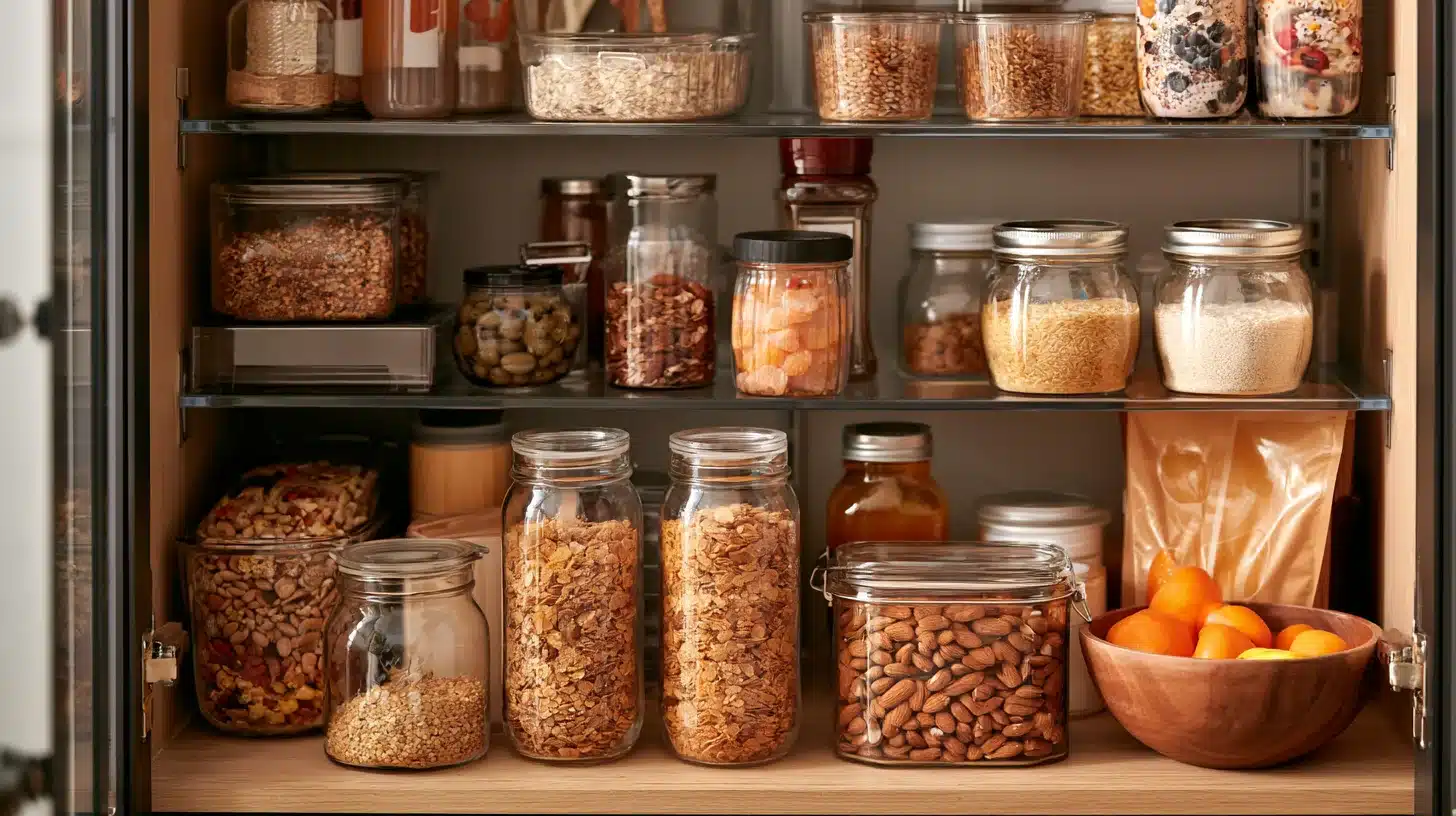 Open pantry cabinet with clear jars of grains nuts cereal dried foods and oranges arranged neatly on wooden shelves