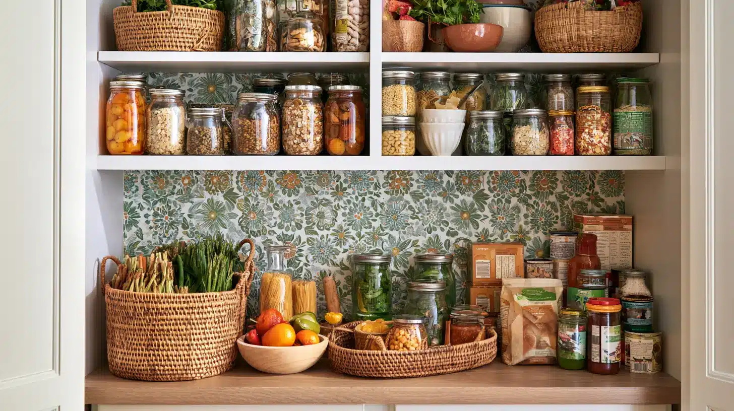 Open pantry cabinet with floral wallpaper glass jars woven baskets fresh produce and neatly arranged packaged foods