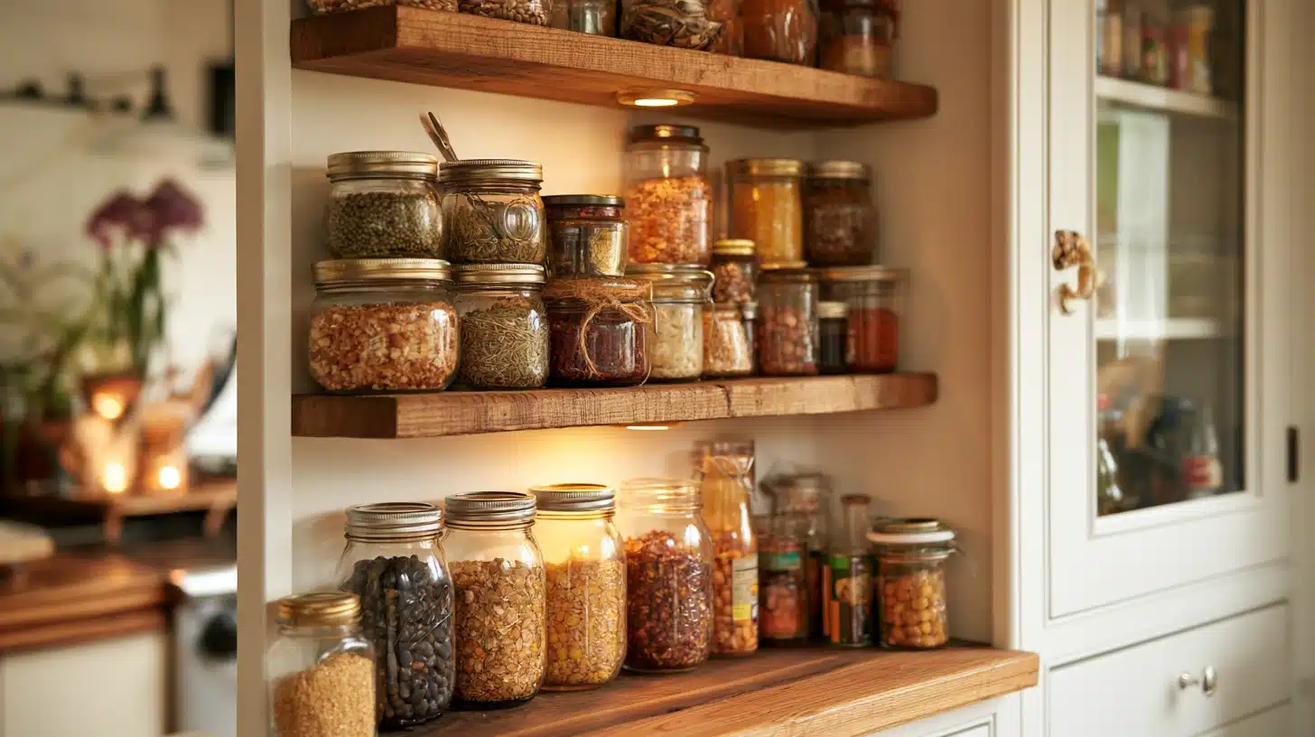 Open pantry shelves with glass jars of grains spices and dry foods arranged neatly under warm built in lighting