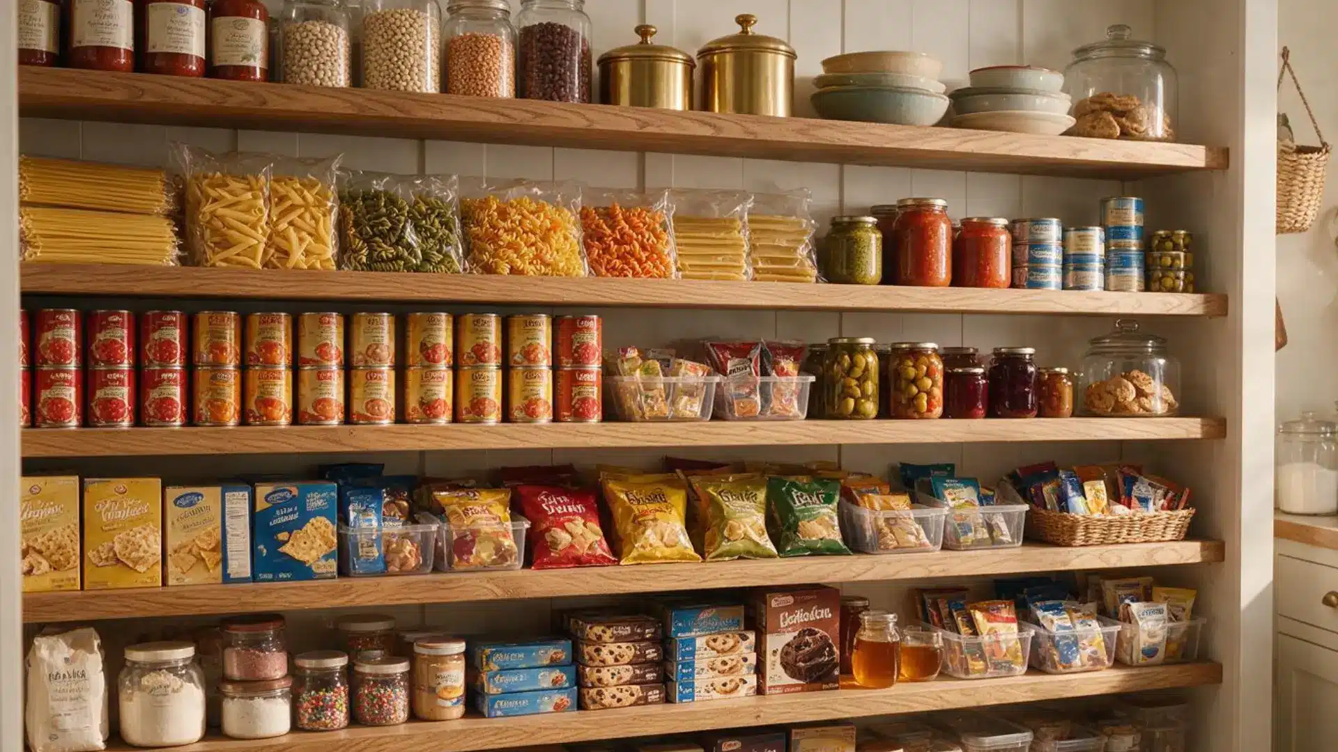 Open pantry shelves with pasta canned foods snacks jars and baskets grouped neatly for simple everyday home access