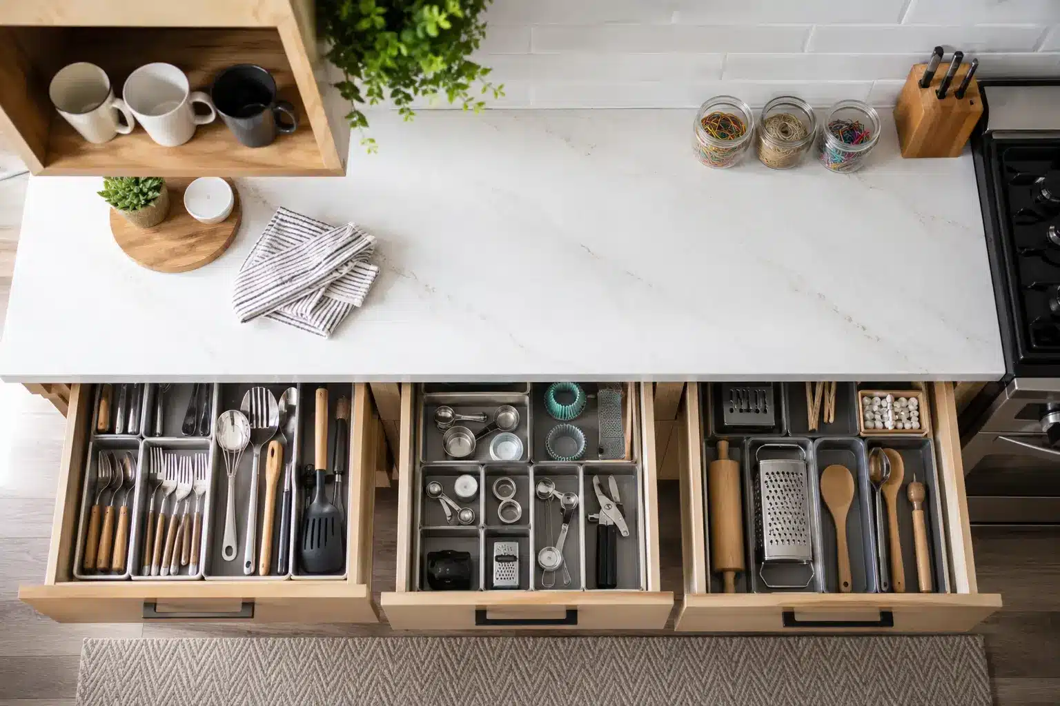 A kitchen featuring a drawer filled with various utensils for cooking and food preparation