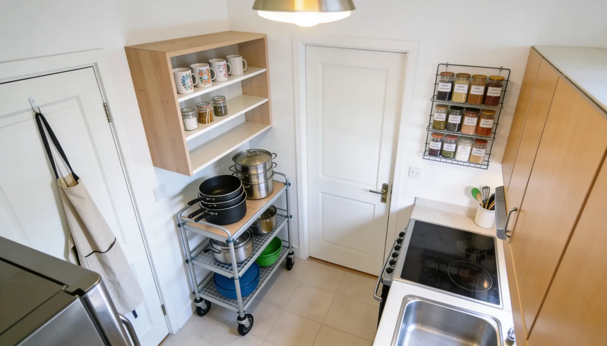 A kitchen featuring a stove, sink, and shelves, showcasing a functional cooking space with organized storage.