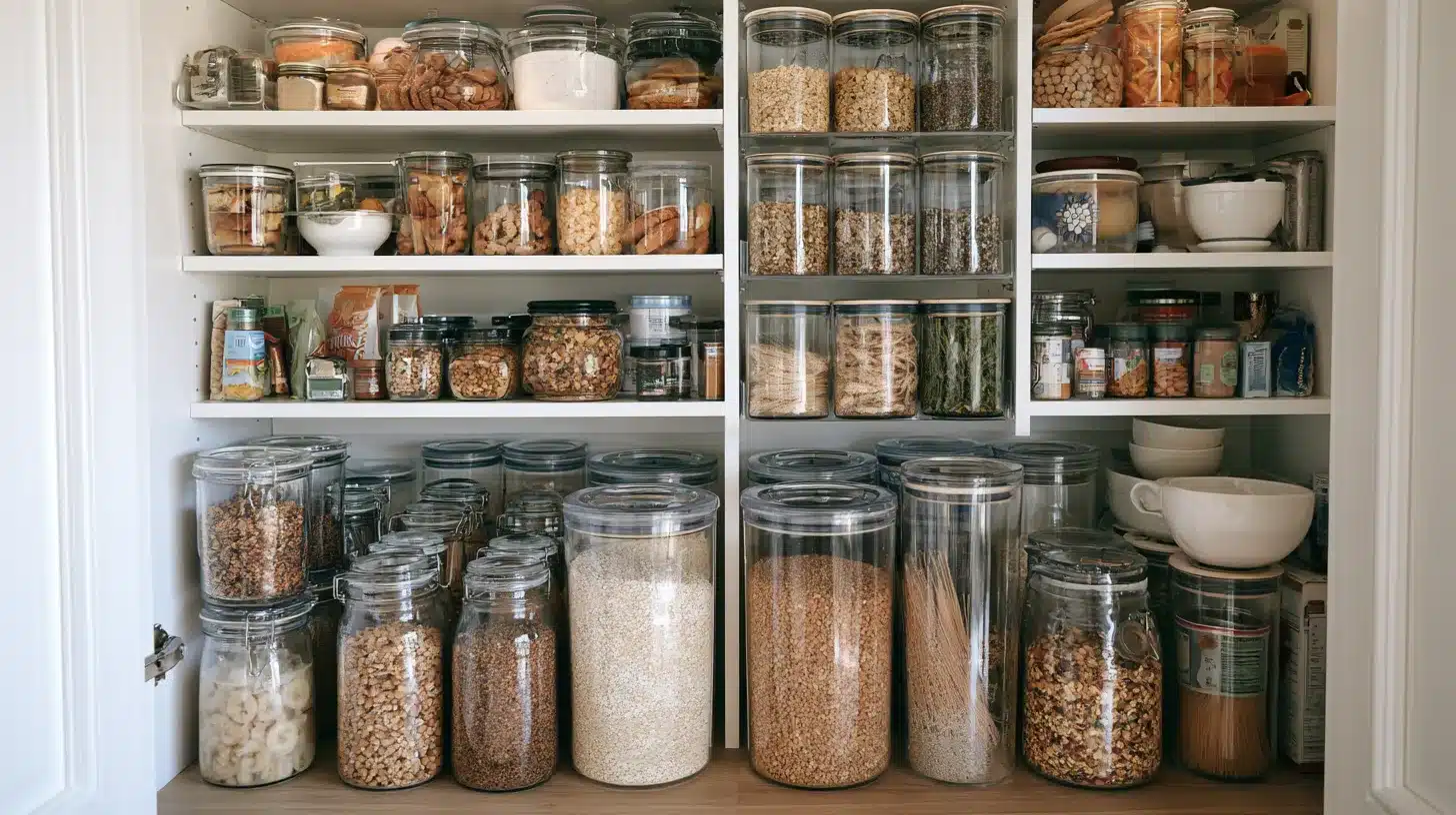 Organized pantry cabinet with clear jars of grains snacks and dry foods arranged neatly across bright white shelves