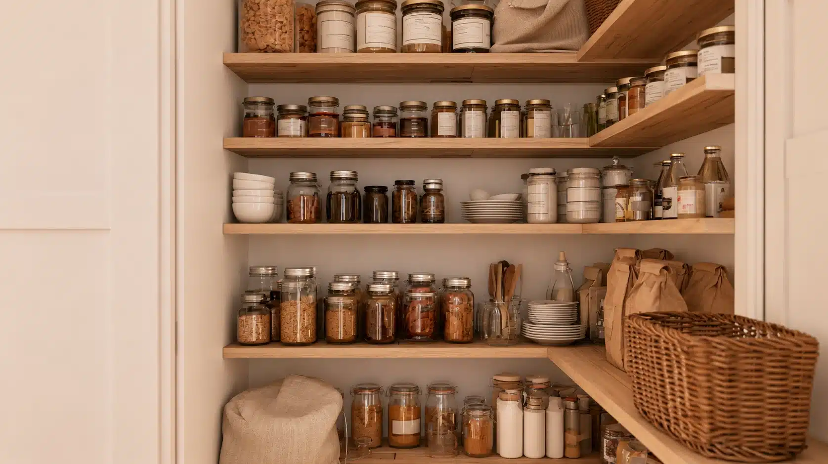 Organized pantry with wooden shelves glass jars labeled containers paper bags dishes and a woven basket in warm tones