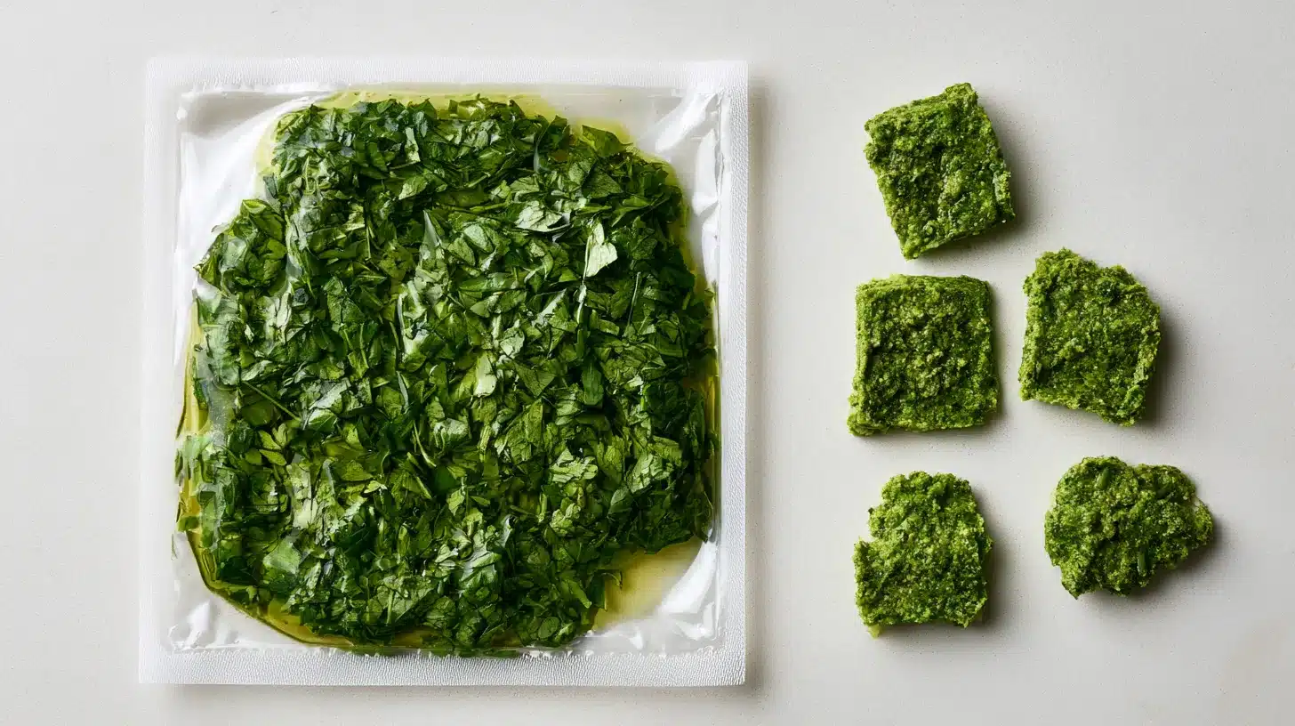 flat herb freezer bag and simple pesto portions ready for storage