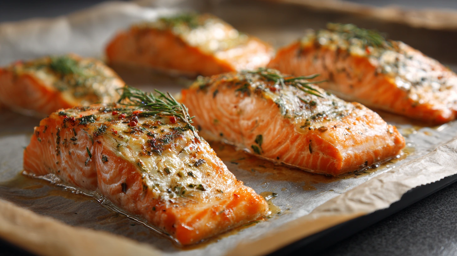 Baked salmon fillet seasoned with herbs and spices on a silver baking sheet.