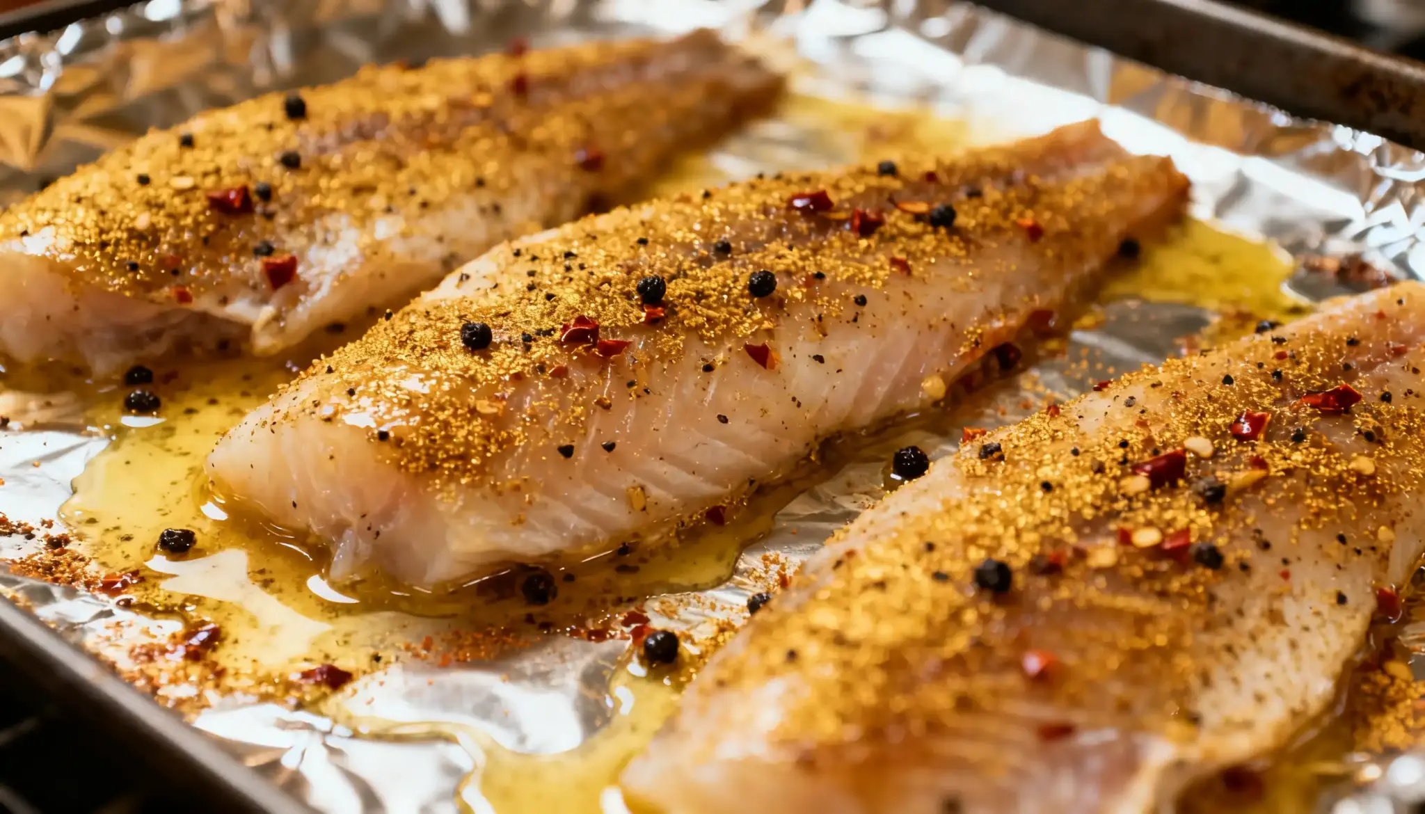 Three seasoned fish fillets seasoned with spices and peppercorns sit on a baking sheet lined with foil.