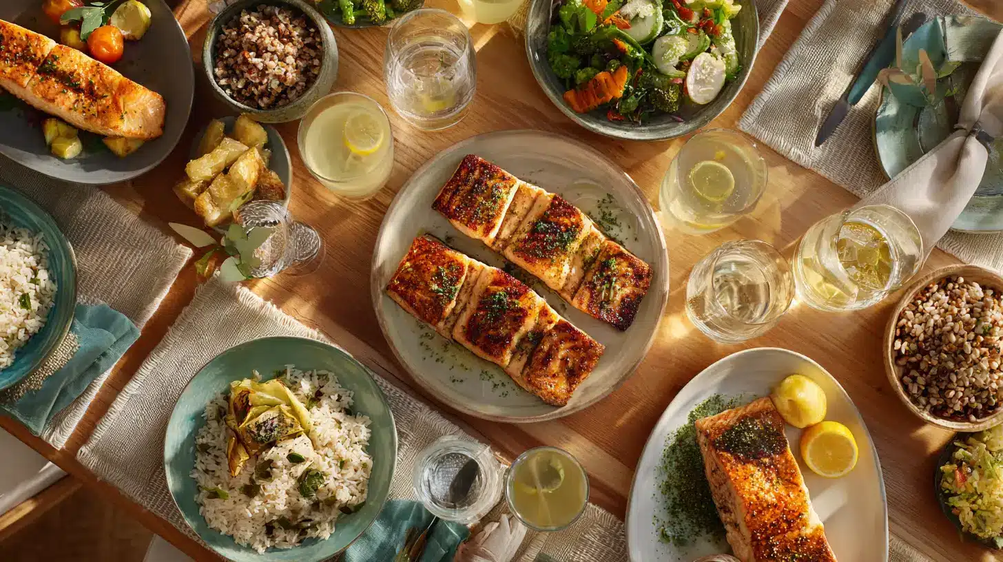 Overhead sablefish recipe spread with rice, veggies, salad, and lemon drinks