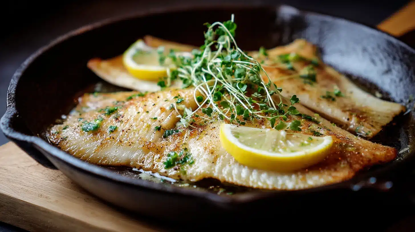 Pan-cooked skate fish fillet garnished with lemon and herbs in a skillet