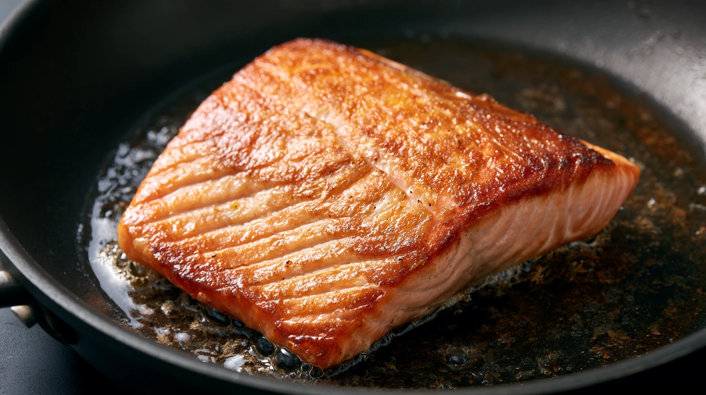 A piece of salmon fillet sizzling in a frying pan, surrounded by herbs and spices.