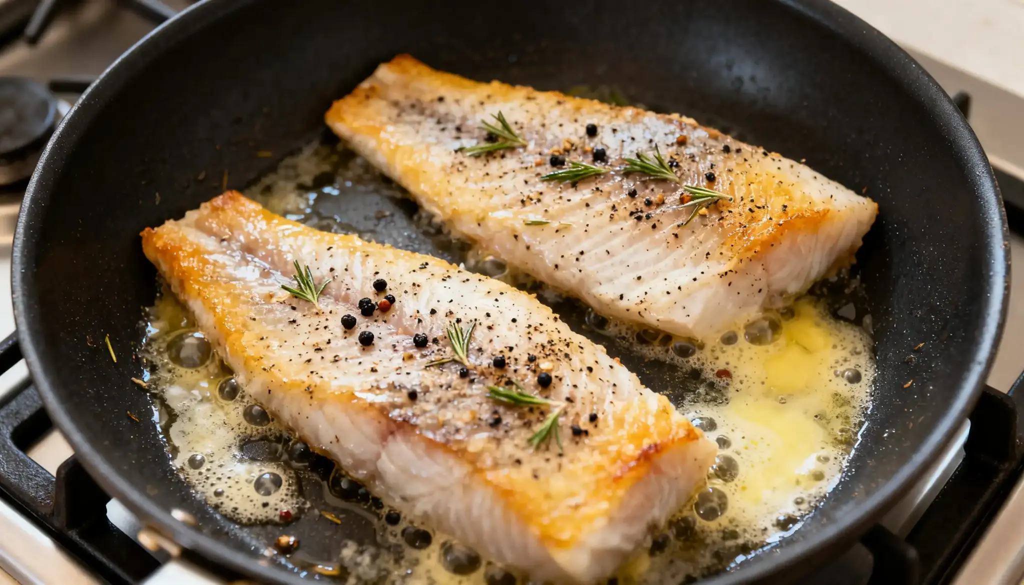 Two seasoned fish fillets with rosemary and peppercorns sizzle in a black frying pan with bubbling butter and oil.