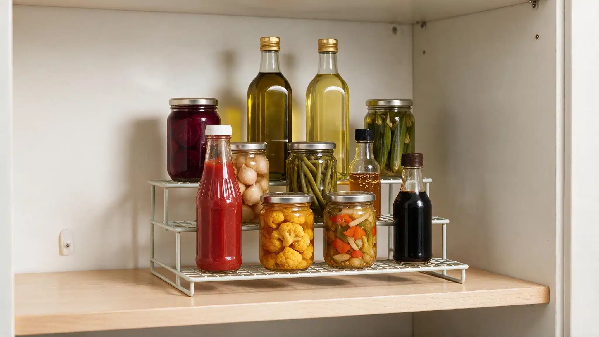 Pantry shelf with tiered riser holding oils sauces pickled vegetables and jars arranged neatly for easy visibility