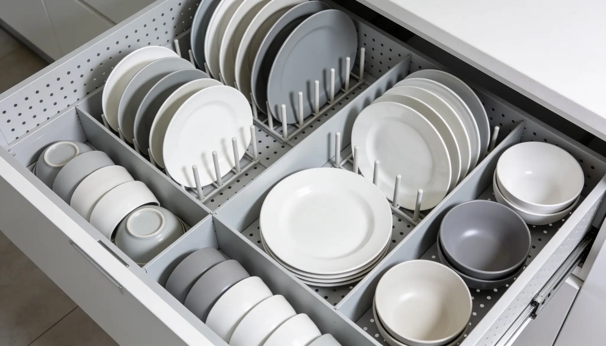 Neatly organized kitchen drawer containing white and gray plates and bowls in a drying rack.