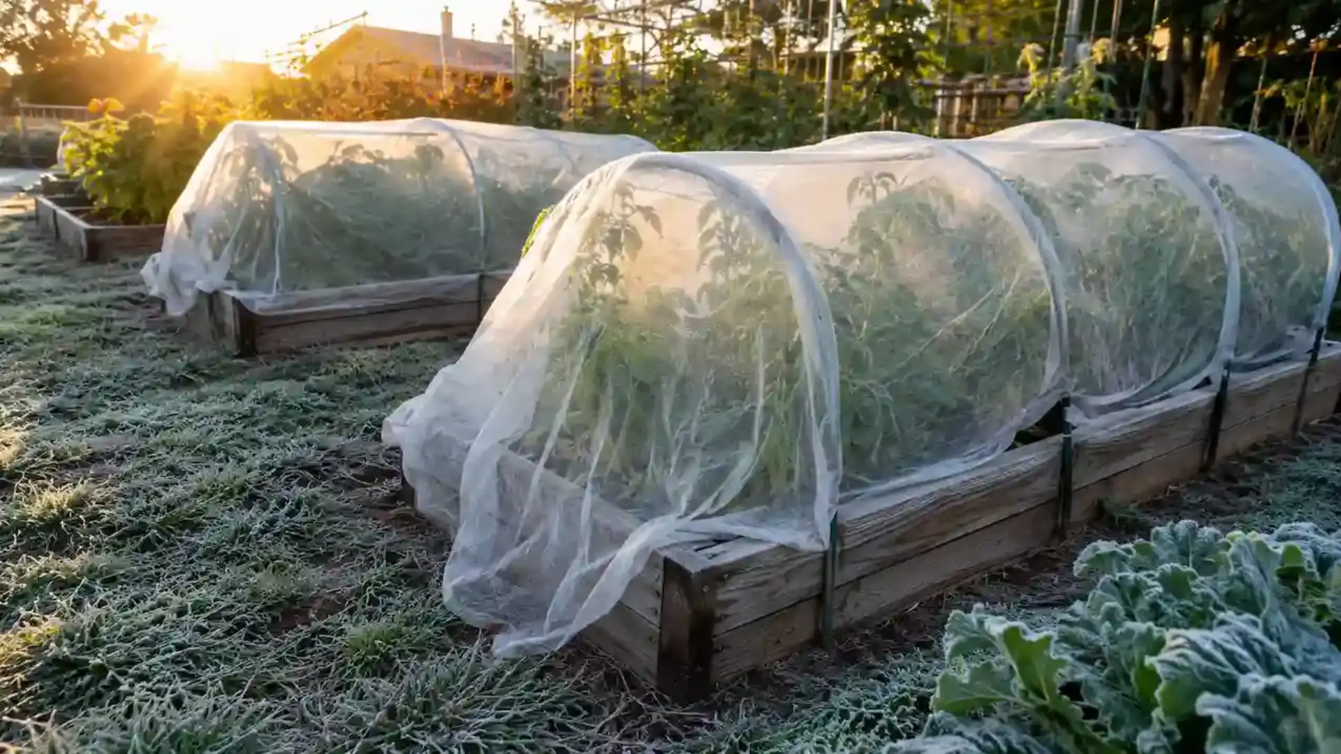 White protective row covers shielding garden plants from frost during a cold morning