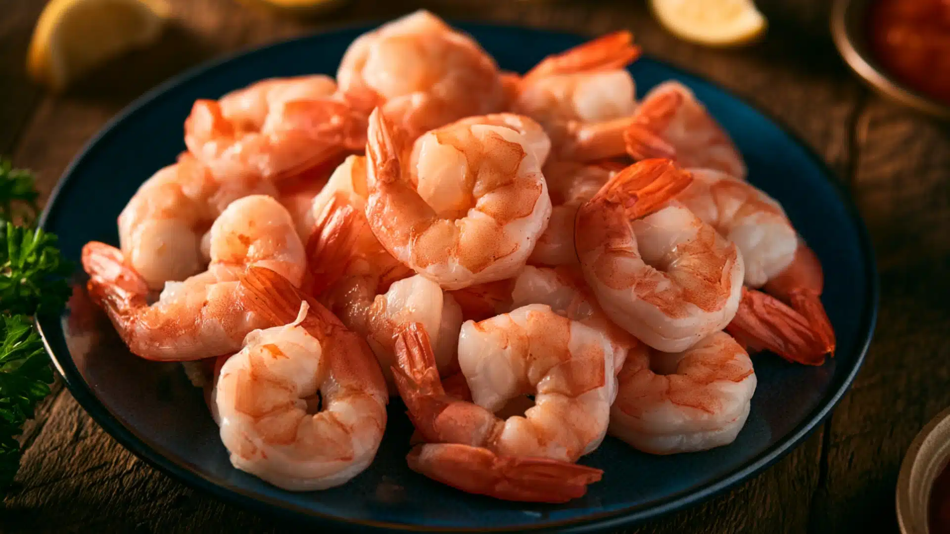 Pile of cooked pink shrimp with tails on, served on a dark plate.