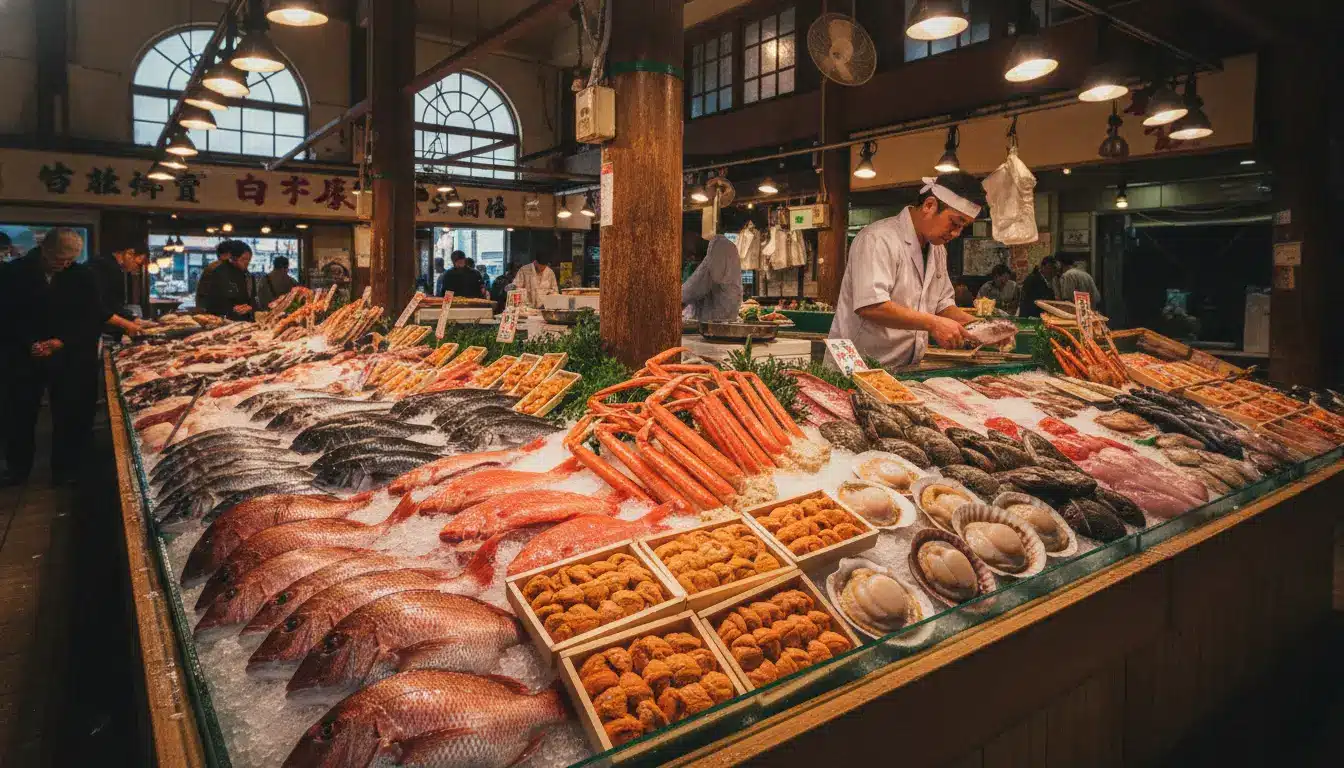 Fishmonger preparing seafood at vibrant indoor market with ice-covered display of fresh fish and shellfish
