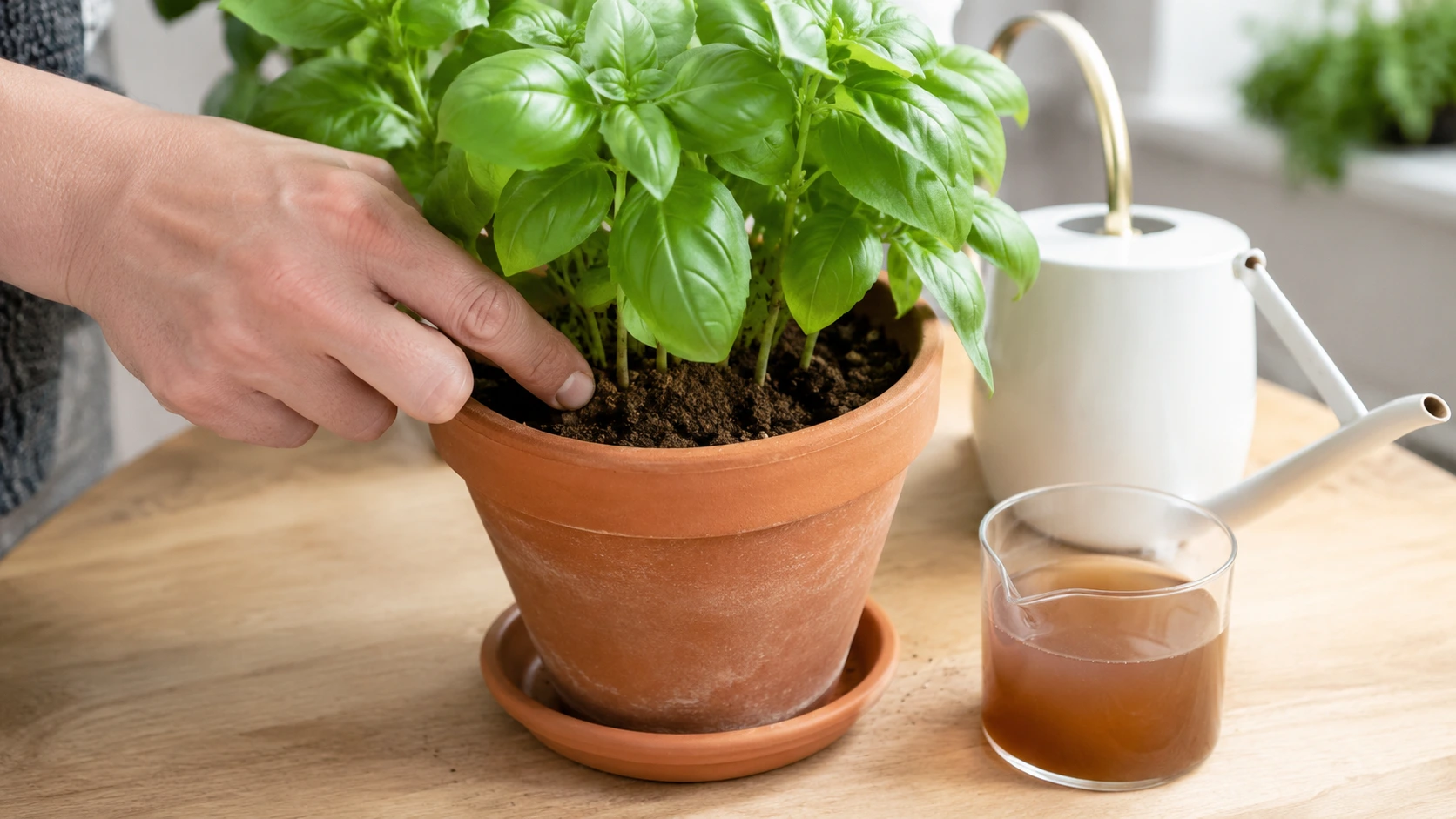 hands place a young basil plant into a small pot at the correct soil depth with roots visible