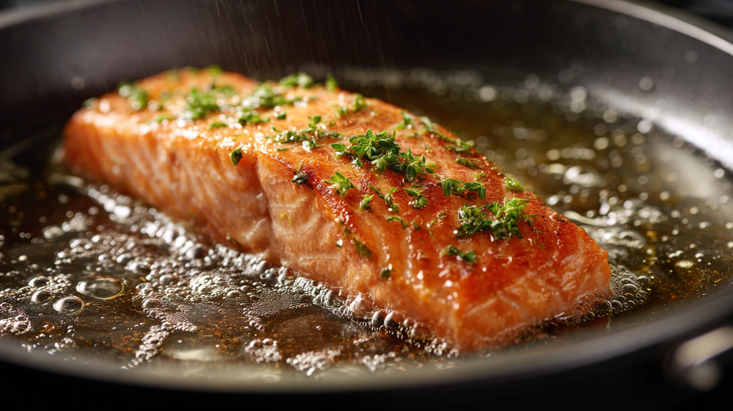 Salmon fillet cooking in a skillet on the stove, with sizzling oil and herbs visible around it.