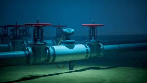 Underwater pipeline system with red valves and pressure gauge in dimly lit setting