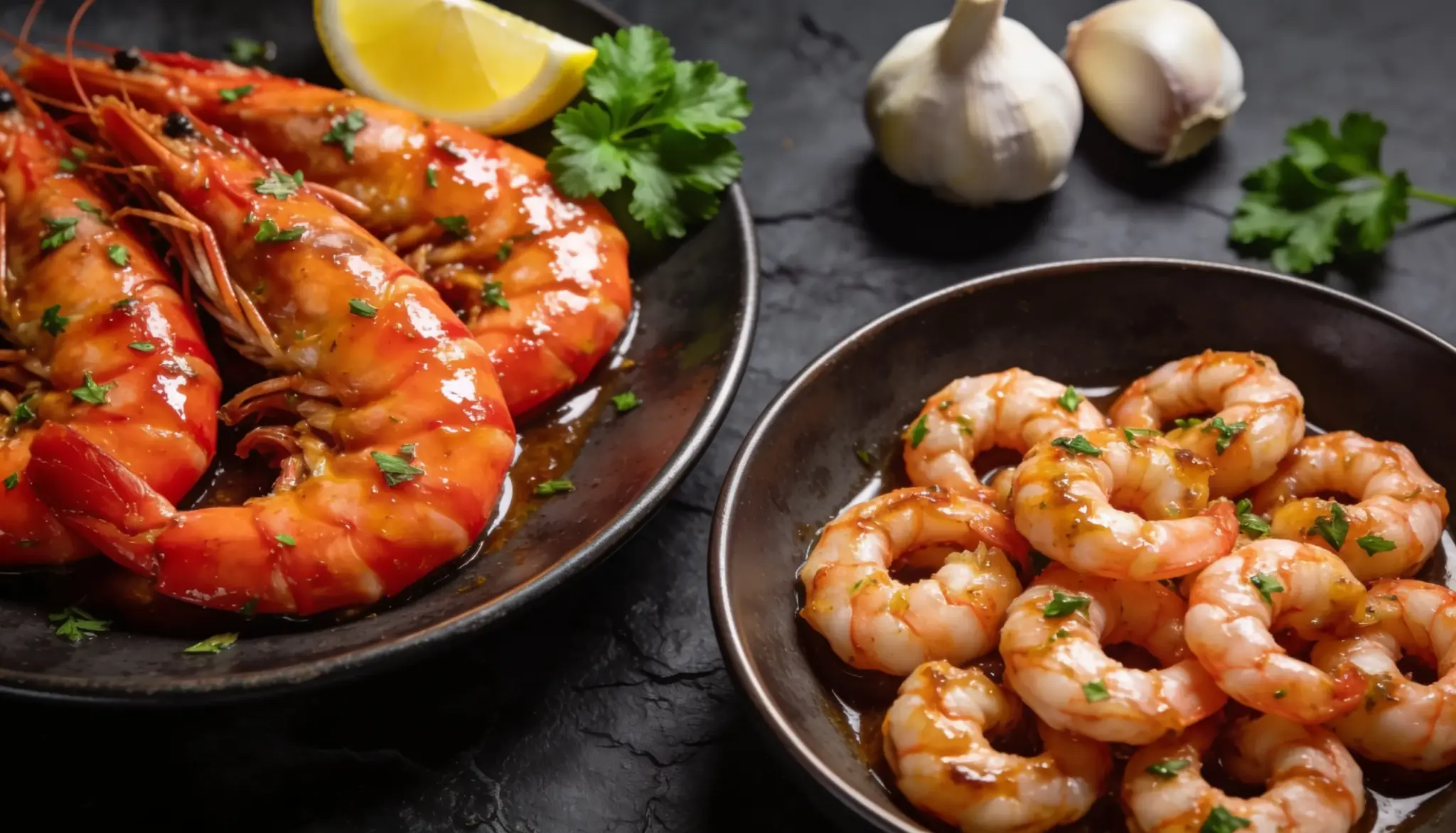 A plate of grilled shrimp garnished with parsley and lemon alongside a bowl of cooked shrimp and prawns with a rich sauce