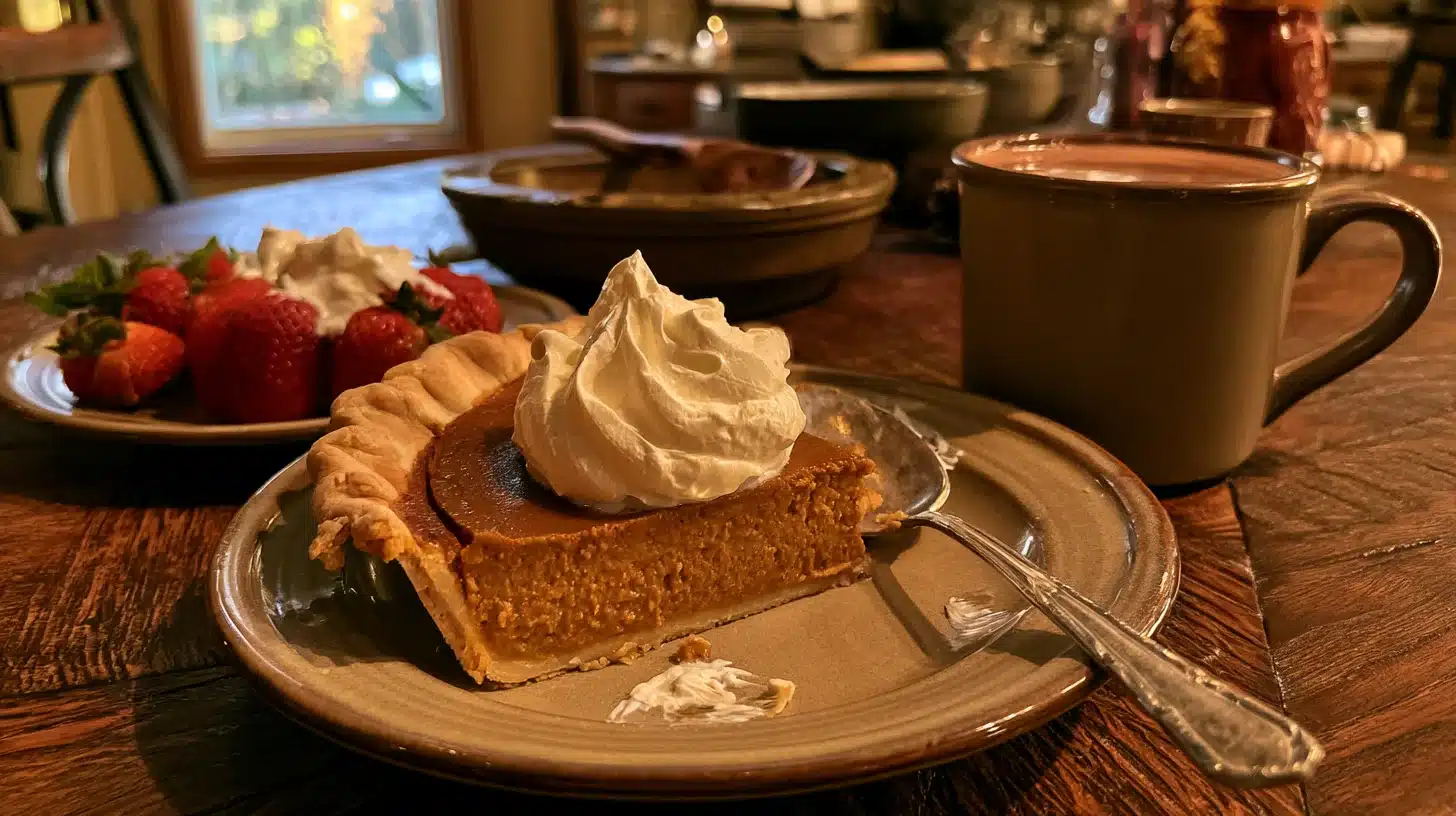 Pumpkin pie with Cool Whip-style whipped topping served alongside fresh strawberries and hot chocolate.