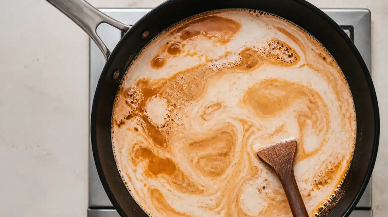 Coconut milk simmering with spices to make a creamy salmon curry sauce