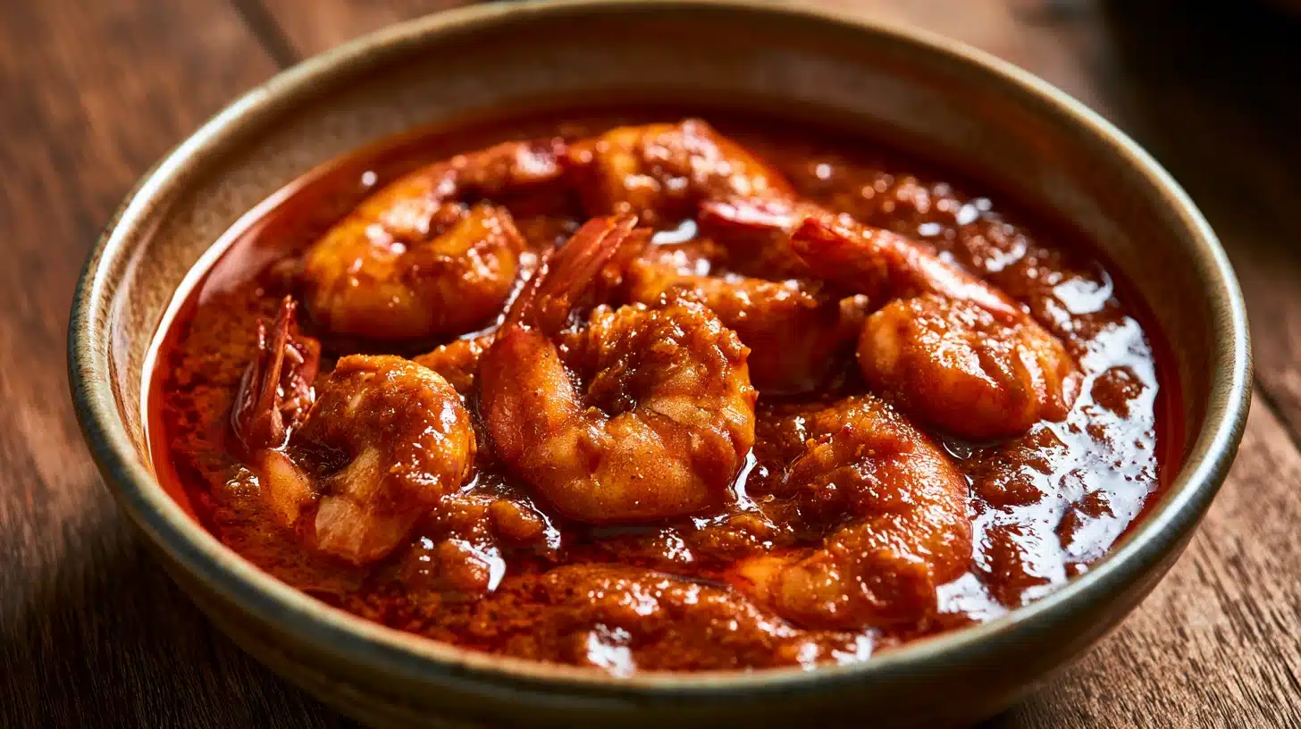 A serving of prawn curry in a flavorful sauce, displayed on a wooden table.