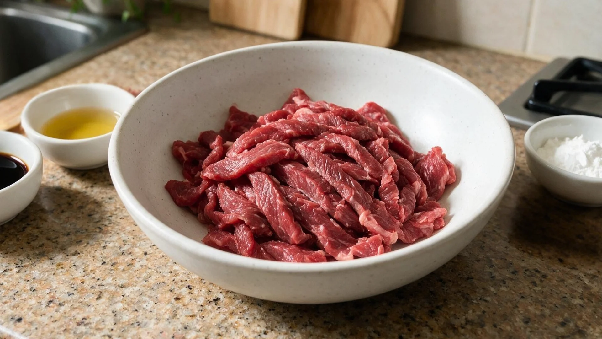 A bowl of raw beef placed on a kitchen counter, showcasing the meat's texture and color.