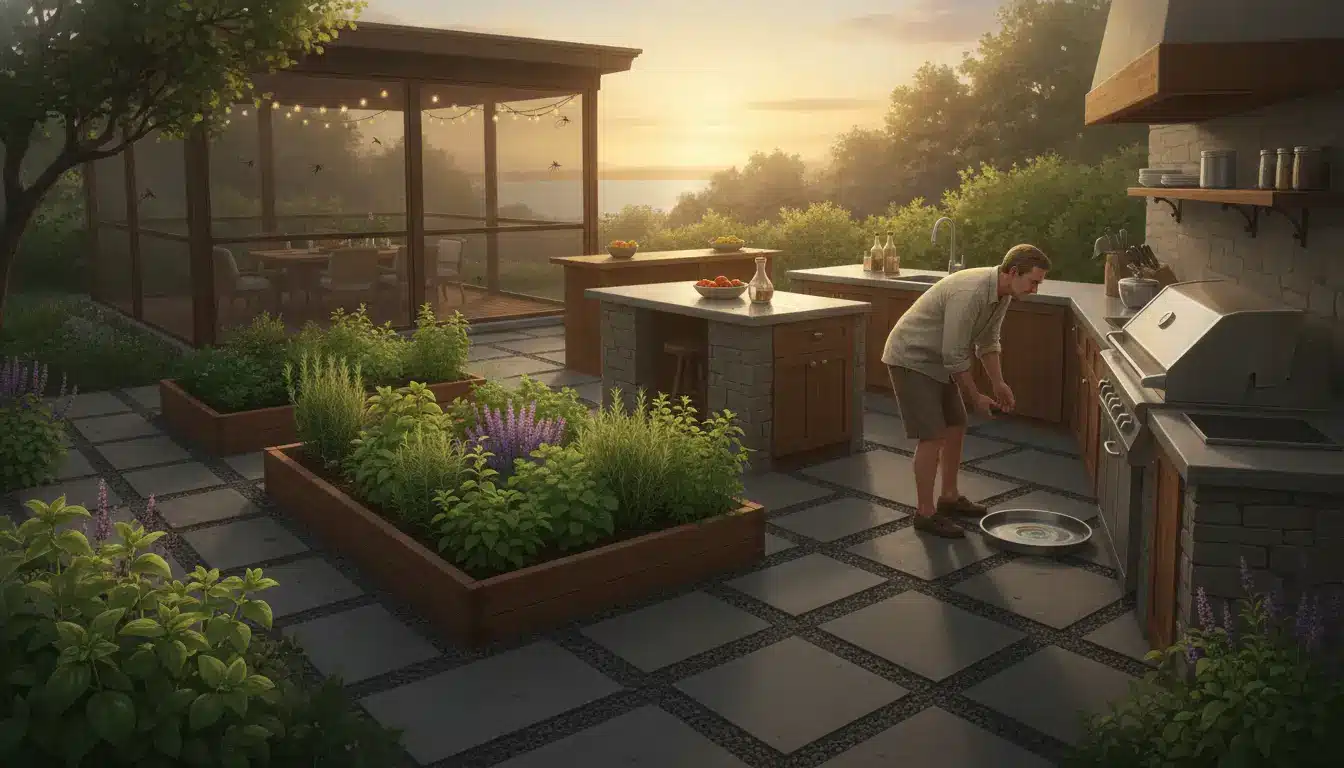 Man preparing outdoor kitchen with raised herb gardens and string lights at sunset