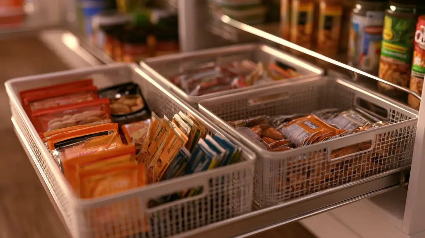 Pull out pantry baskets filled with packaged snacks and pantry foods arranged neatly for quick and easy everyday access