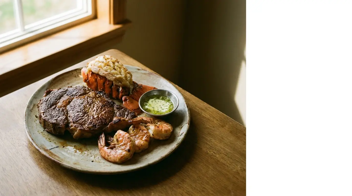 Steak, lobster tail, and shrimp on ceramic plate with butter sauce in sunlit room