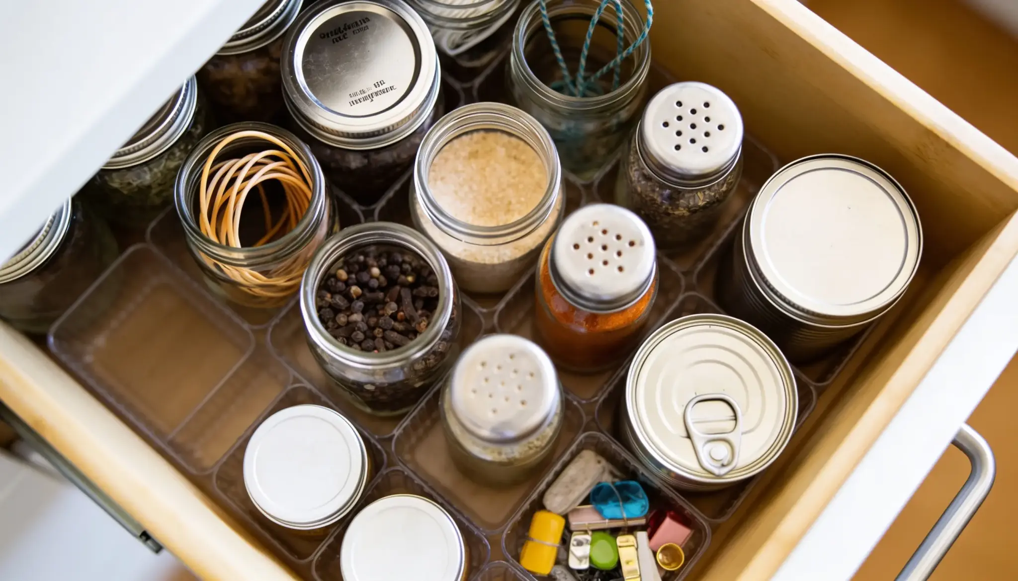 An organized kitchen drawer containing jars of spices, peppercorns, sugar, rubber bands, and small metal cans.