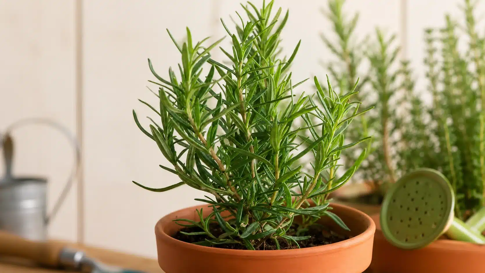 healthy rosemary plant with narrow green leaves growing in a simple terracotta pot